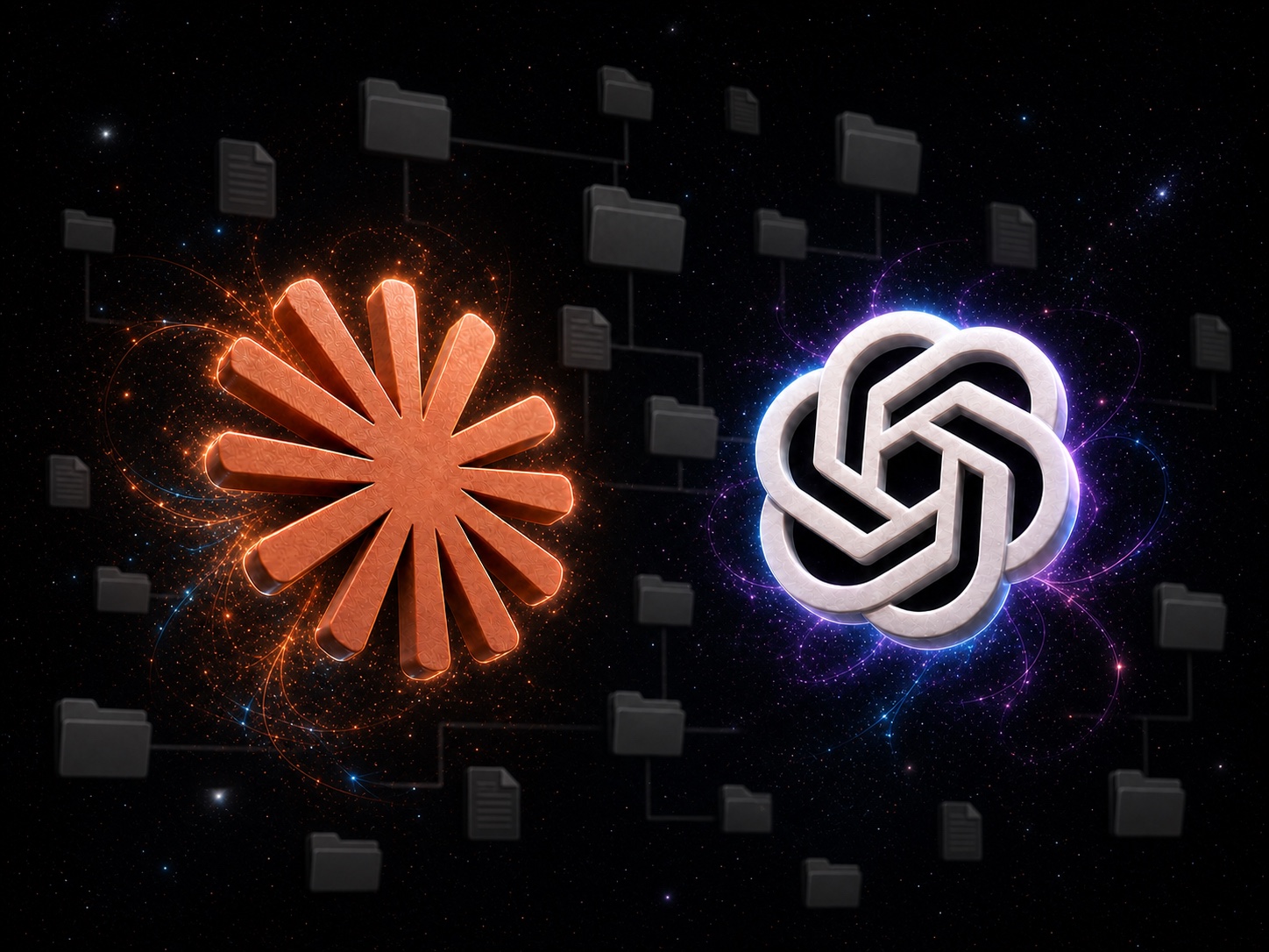Claude and OpenAI emblems floating over a shared file-system workspace